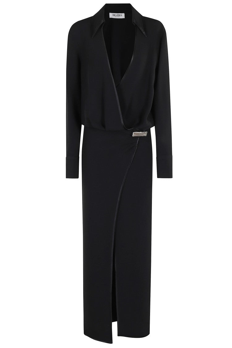 The Attico V-Neck Slit Midi Dress With Satin Piping