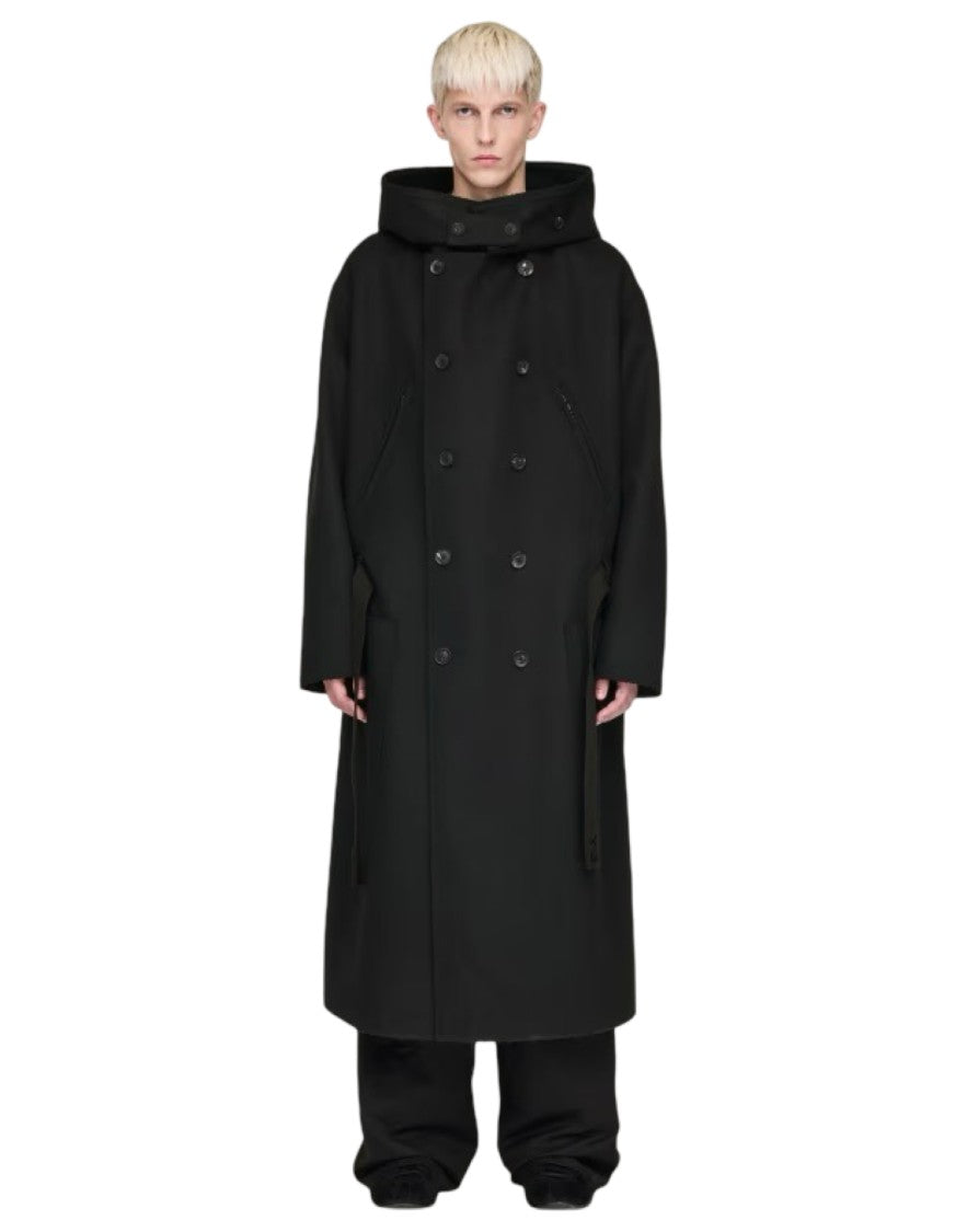 Y-3 Long Double-Breasted Black Melton Wool Coat With Hood