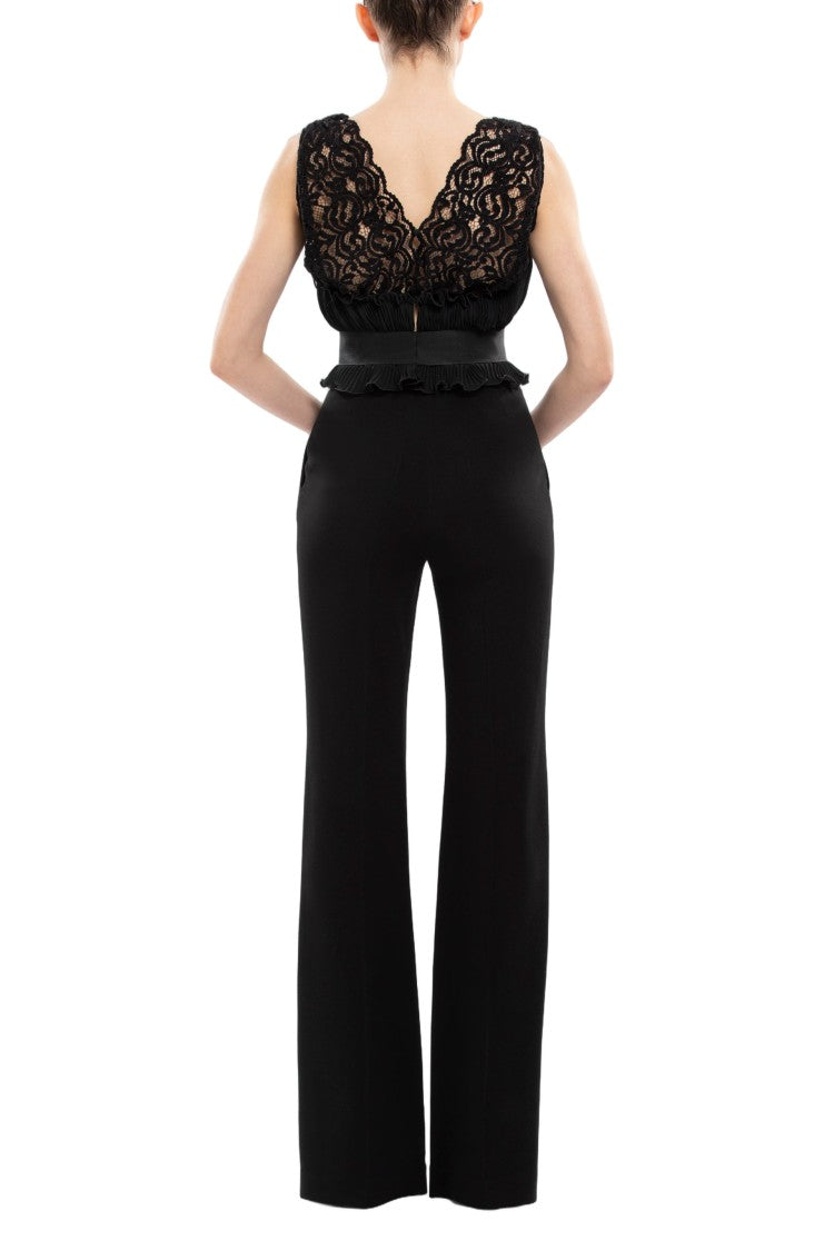 Saiid Kobeisy Pleated Black Bodysuit With Lace Accents