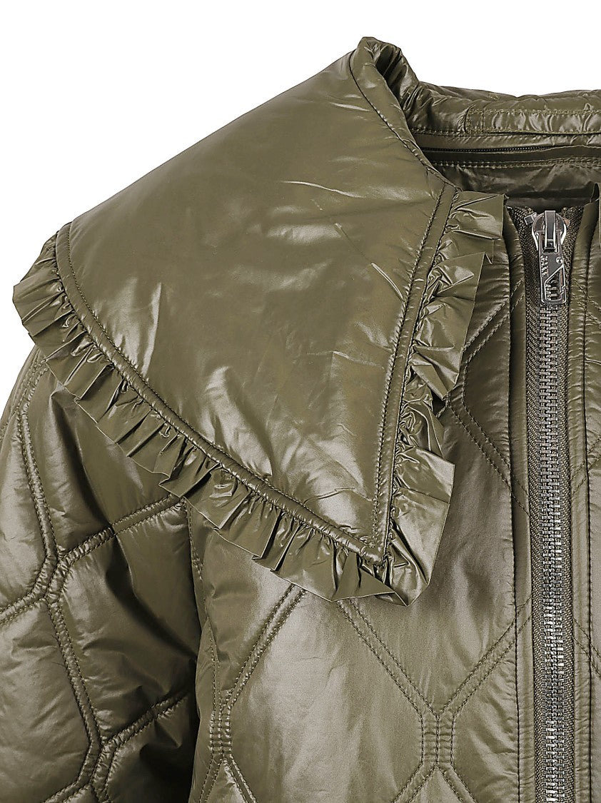 Ganni Quilted Green Coat With Oversized Collar