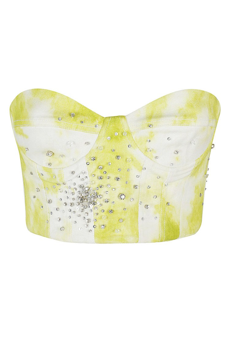 Des Phemmes Tie Dye Embroidered Denim Bustier With Sweetheart Neckline