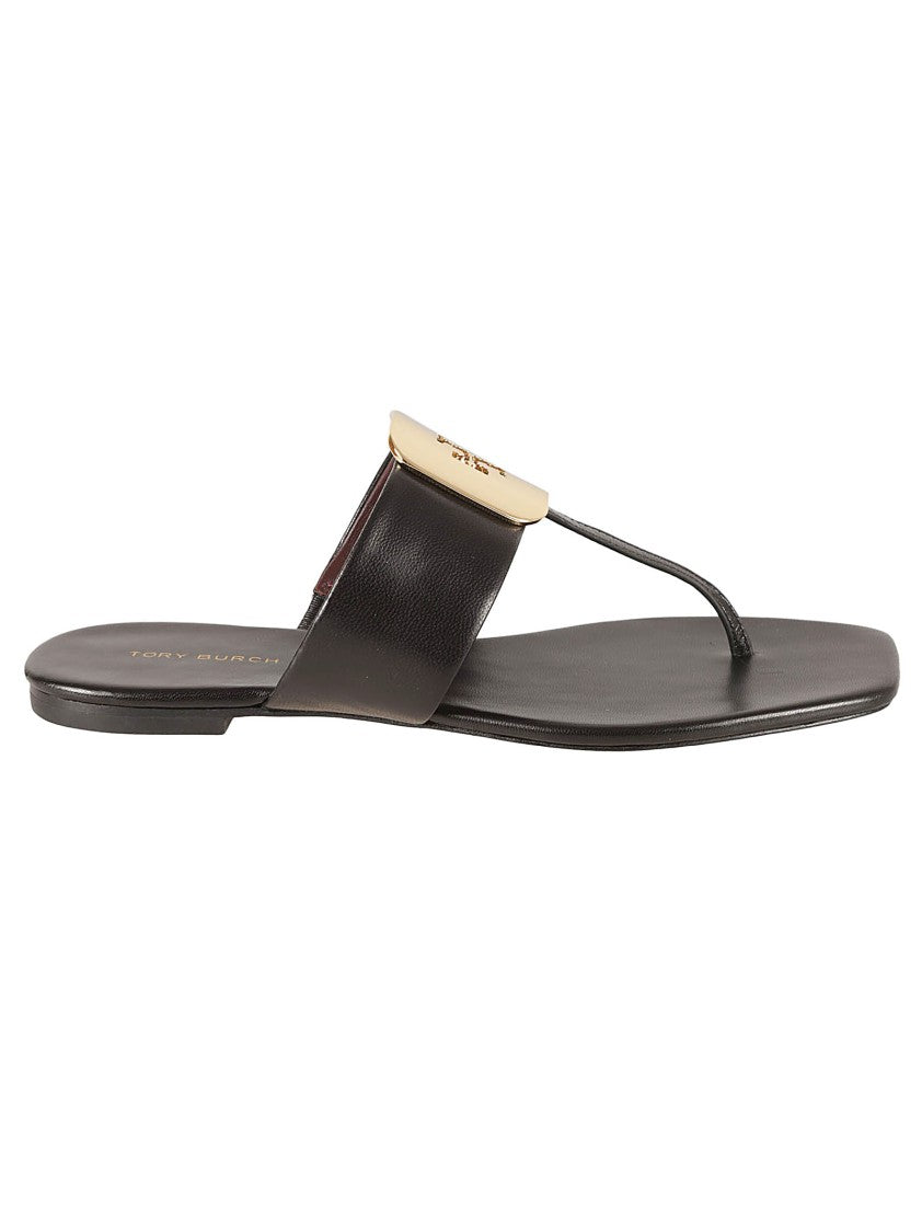 Tory Burch Black Sandals With Gold-Tone Logo Embellishment