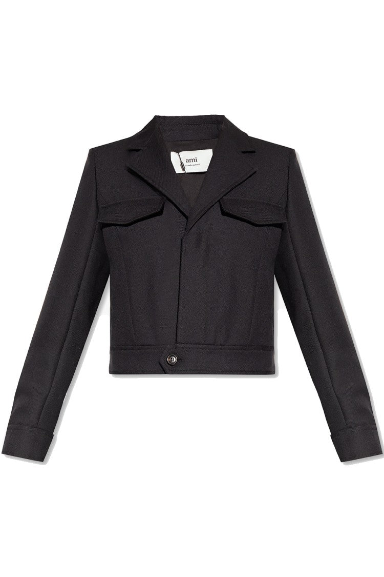 Ami Cropped Black Wool Jacket With Notch Lapels