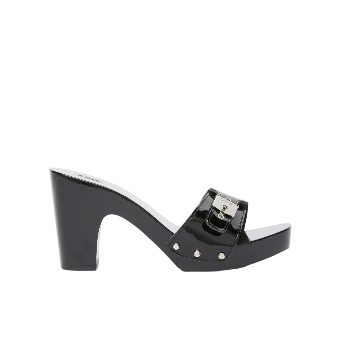 Scholl High-Heeled Wooden Sole Lacquered Suede Sandals