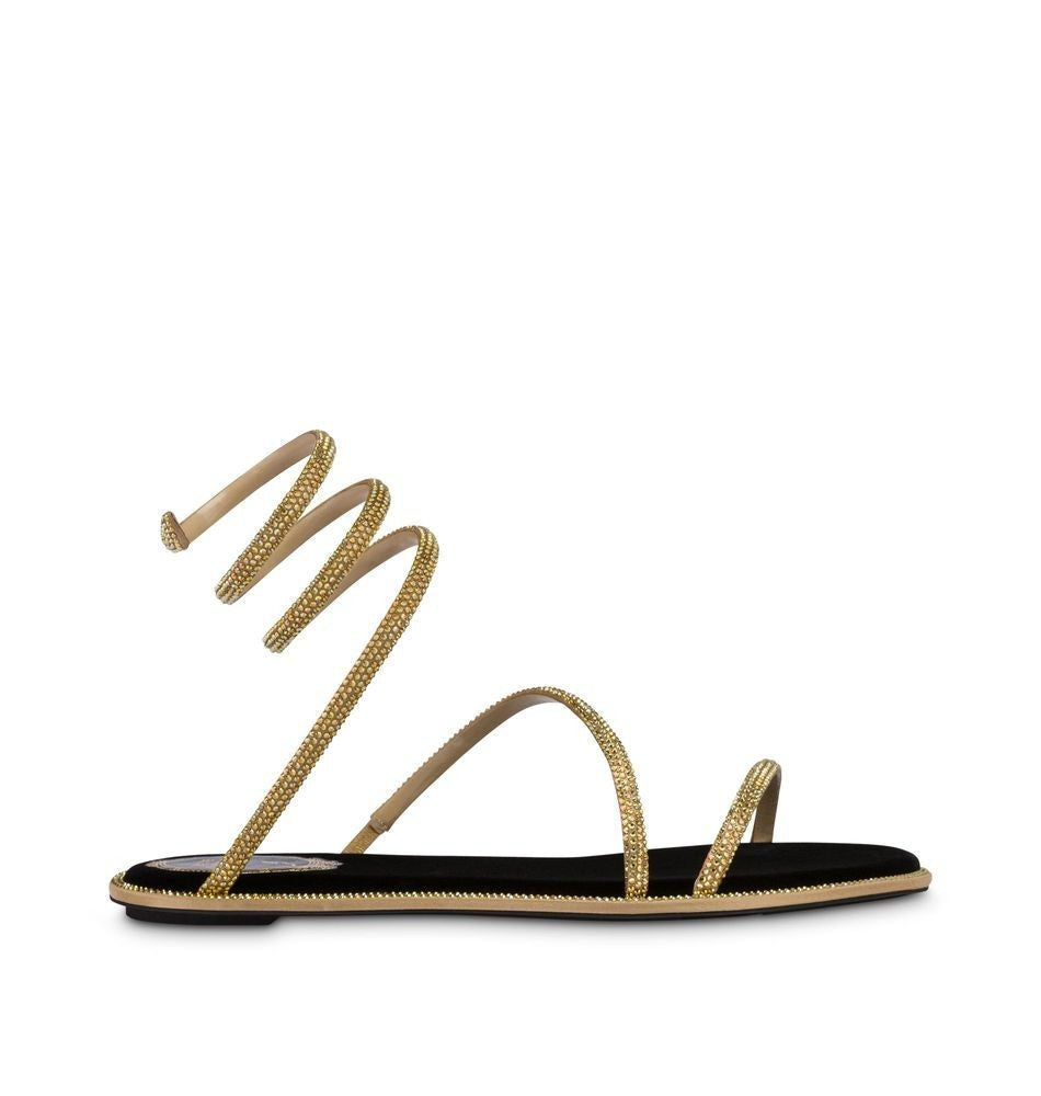 René Caovilla Cleo Black And Gold Flat Sanda