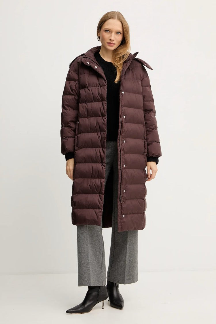 Max Mara Burgundy Quilted Long Coat With Adjustable Hood