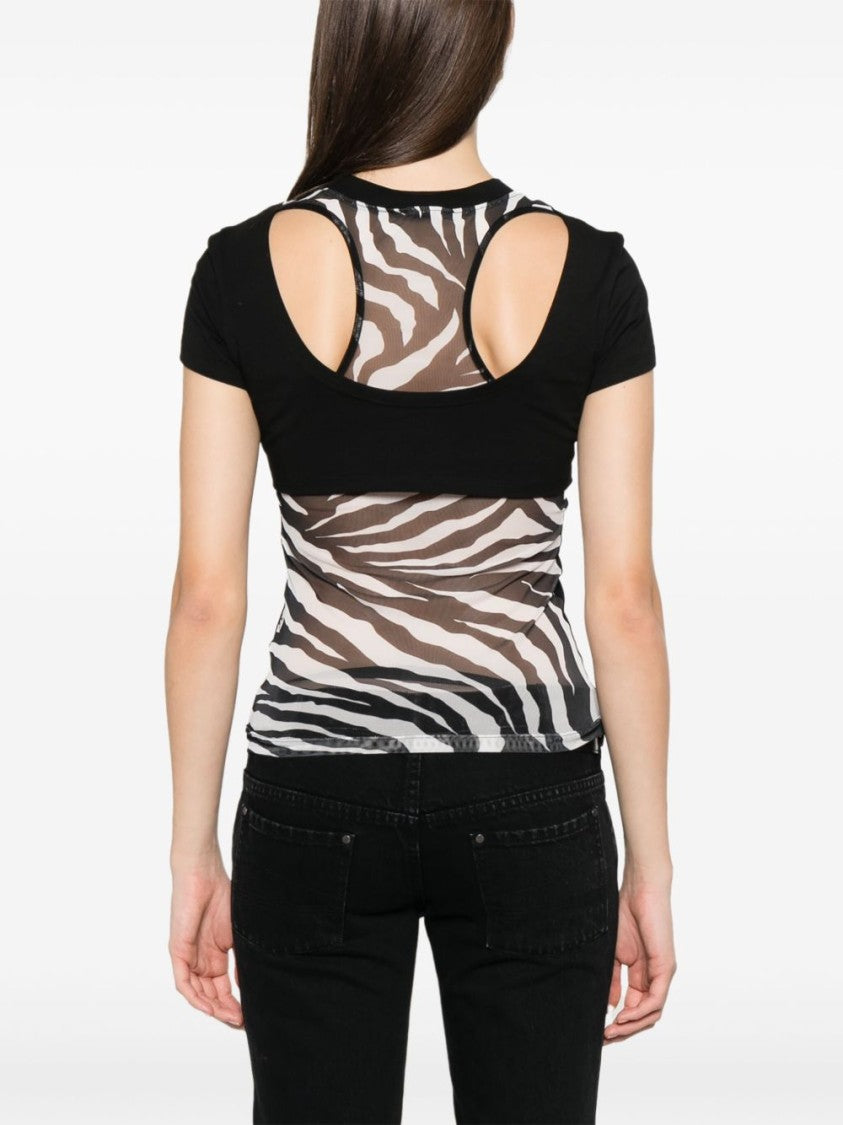 Versace Jeans Couture Black T-Shirt With Zebra Print Sheer Panel