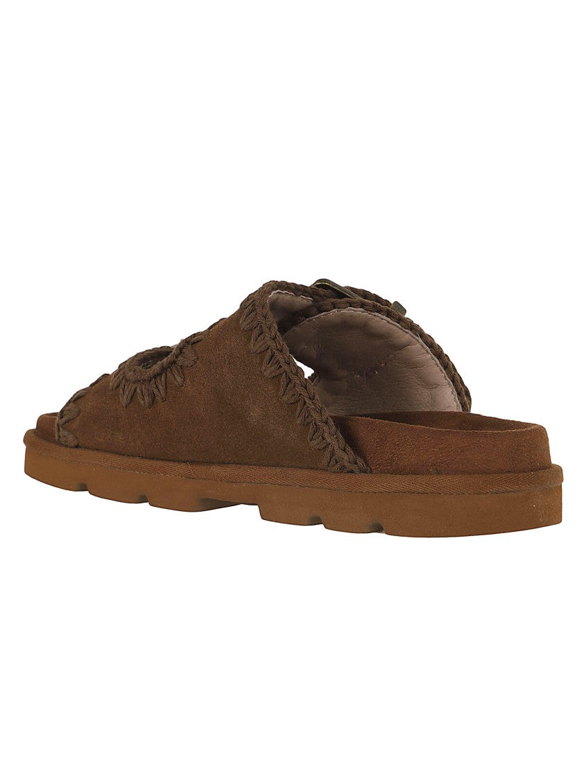 Mou Brown Calfskin Suede Sandal With Hand-Crocheted Detailing