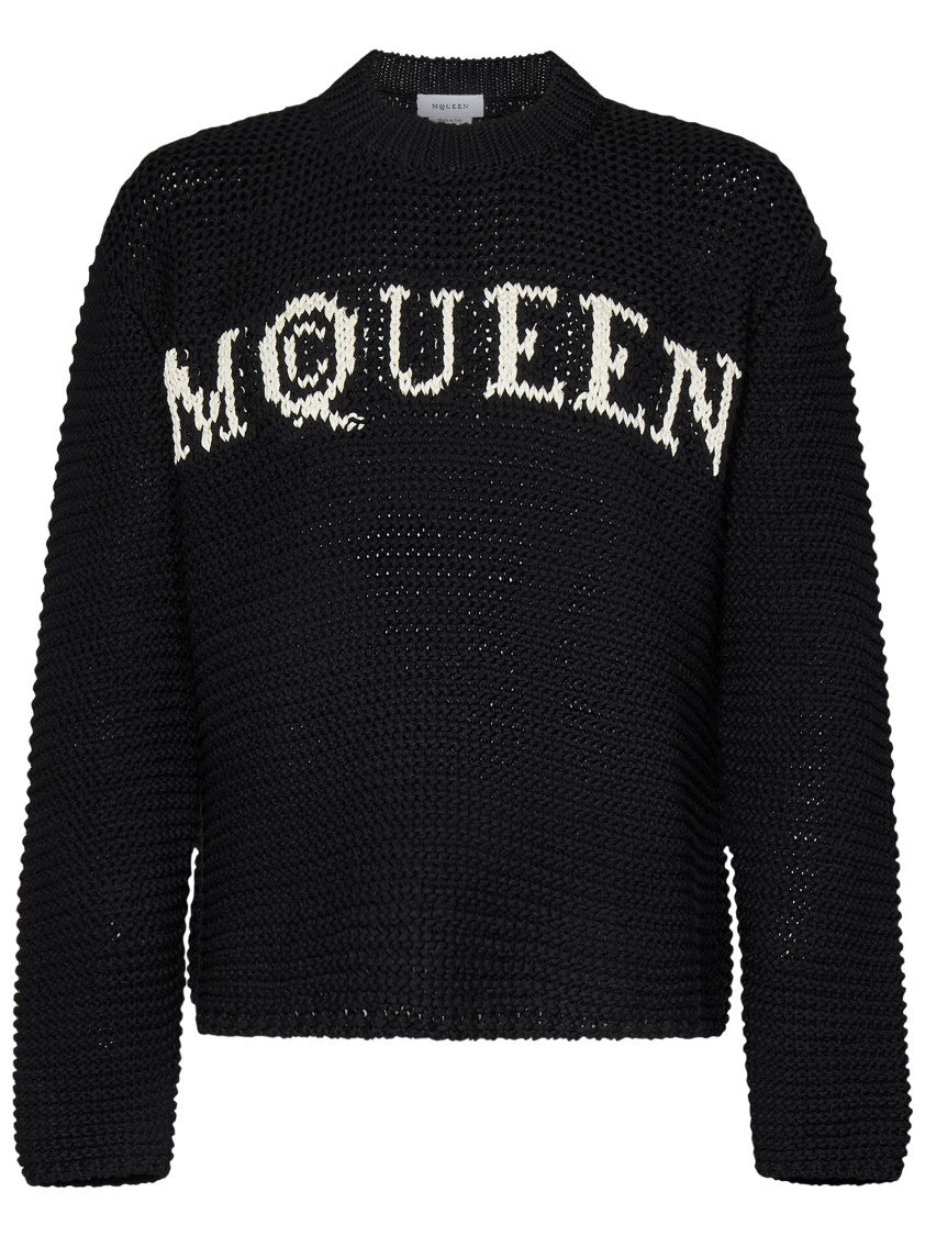 Alexander Mcqueen Textured Black Crewneck Sweater With Ivory Logo
