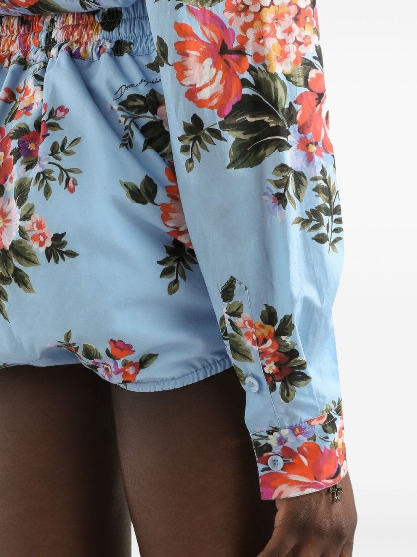 Dolce & Gabbana Floral Print Light Blue Cropped Shirt With Tie Detail