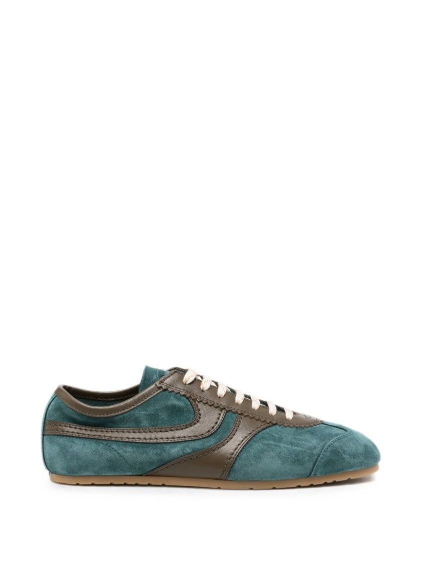 Dries Van Noten Teal Suede And Dark Brown Leather Sneakers With Minimalist Design