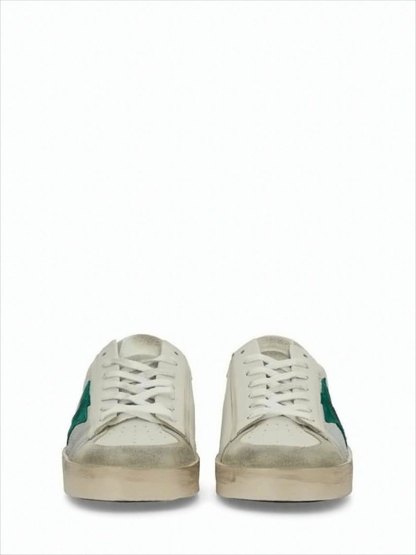 Golden Goose Worn-In White Leather And Suede Low-Top Sneakers With Green Star Detail