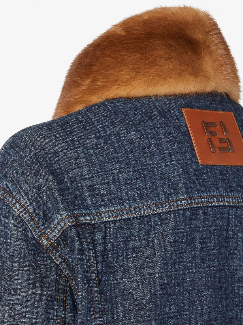 Fendi Padded Denim Jacket With Textured Fabric And Fur Collar