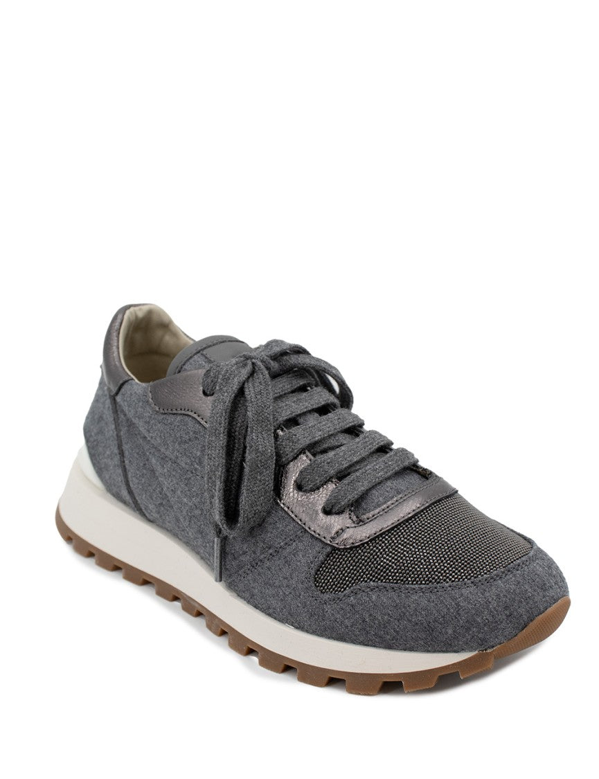 Brunello Cucinelli Wool Flannel Runners With Metallic Calfskin Accents