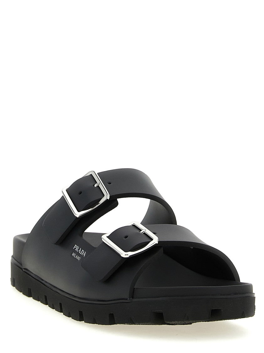 Prada Black Rubber Slides With Adjustable Double Strap