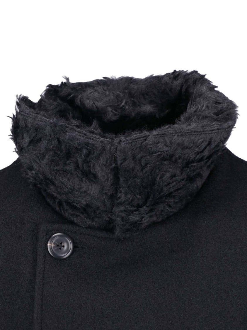 Our Legacy Double-Breasted Peacoat With Faux Fur Collar And Horn Button Closure