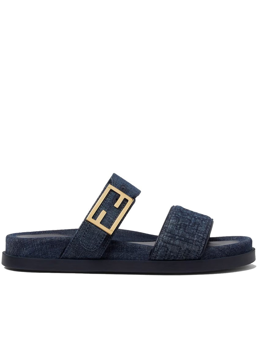 Fendi Feel Denim Wide Strap Gold Buckle Sandals