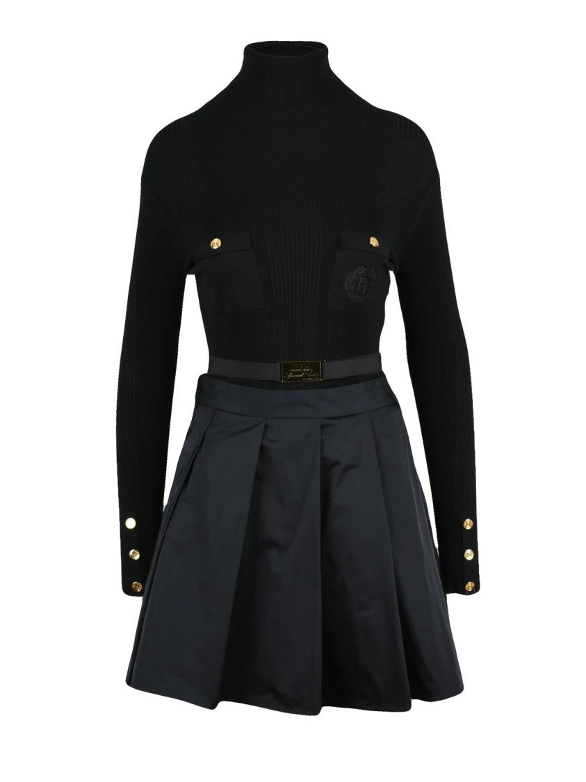 Elisabetta Franchi Black Ribbed Knit Wool-Blend Mini Dress