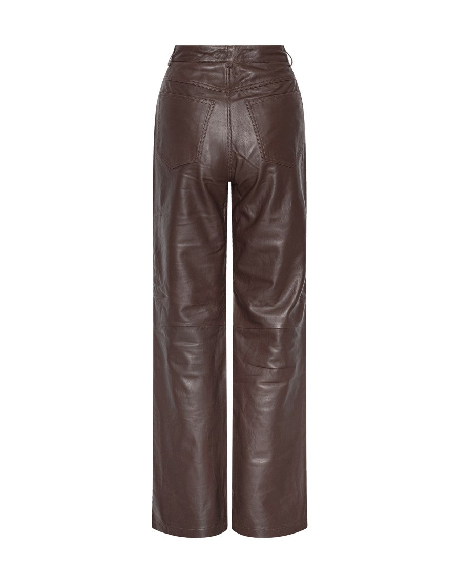 Rotate Brown High-Waisted Lambskin Leather Straight-Leg Pants