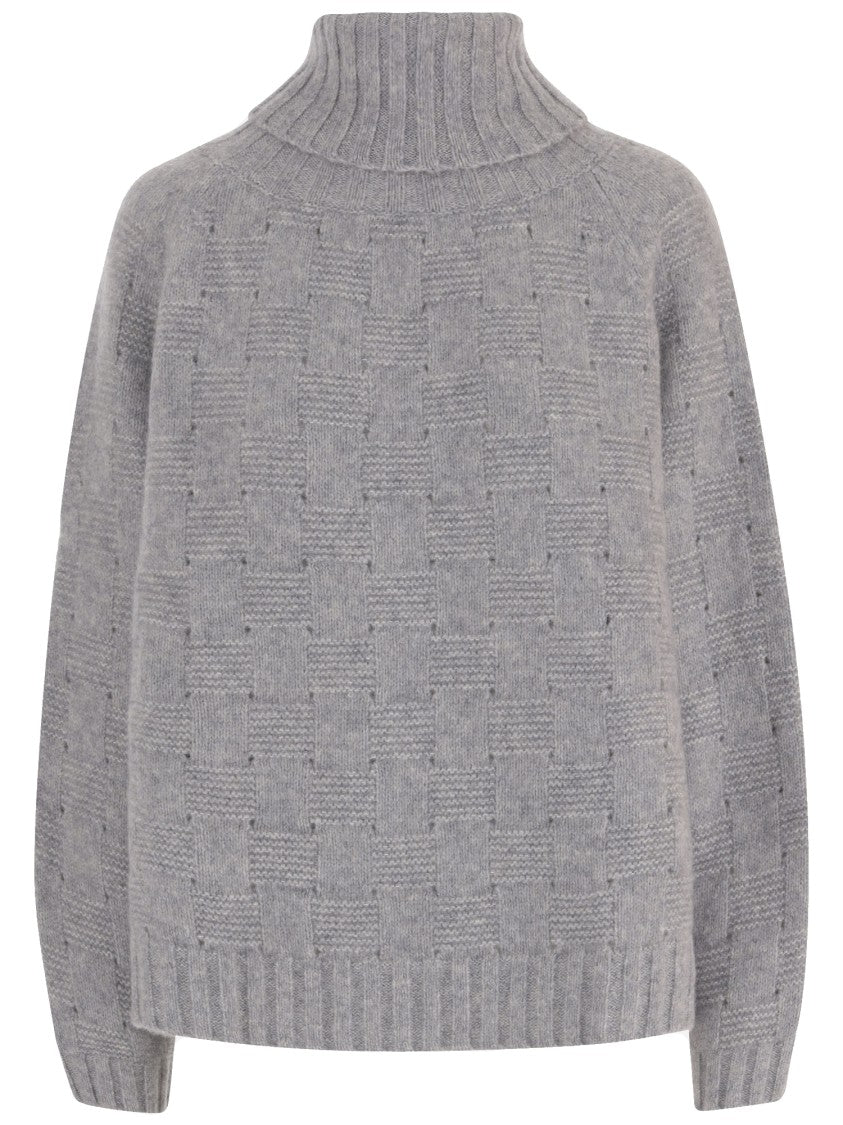 Allude Grey Geometric Pattern Cashmere Silk Turtleneck Sweater