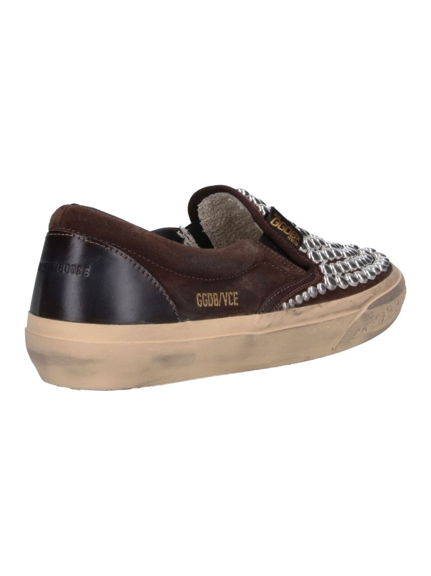 Golden Goose Slip-On Brown Suede Sneakers With Silver-Tone Studs