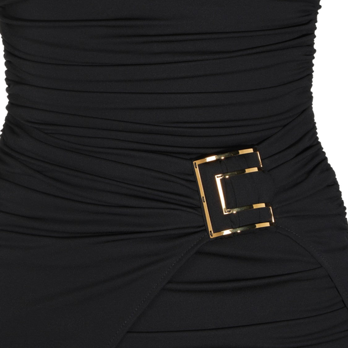 Elisabetta Franchi Floor-Length Ruched Gold Buckle Evening Dress