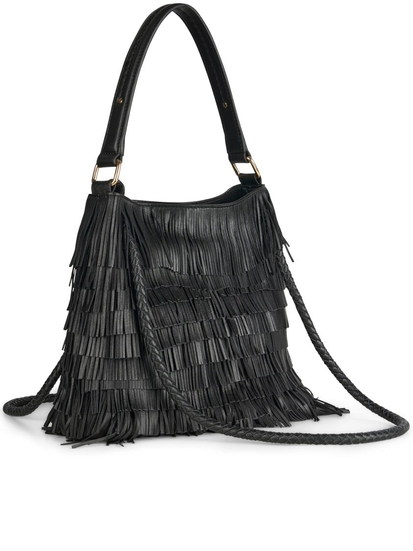 Visona` Black Handbag With Layered Leather Fringe Detailing