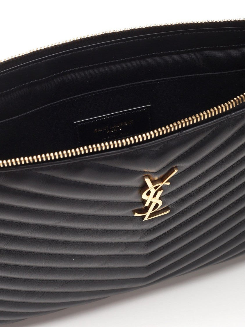 Saint Laurent Chevron Quilted Leather Clutch With Wrist Strap