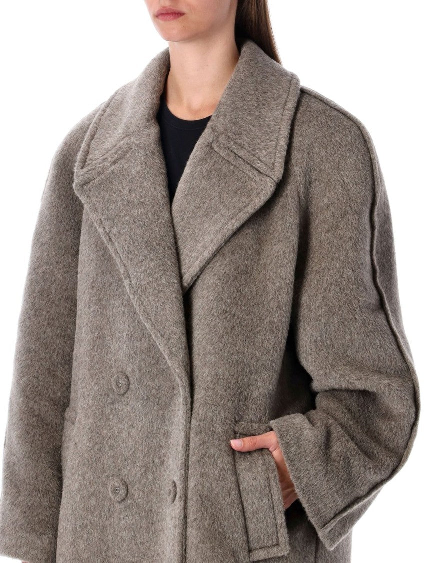 Acne Studios Double-Breasted Grey Coat With Wide Notched Collar And Oversized Silhouette