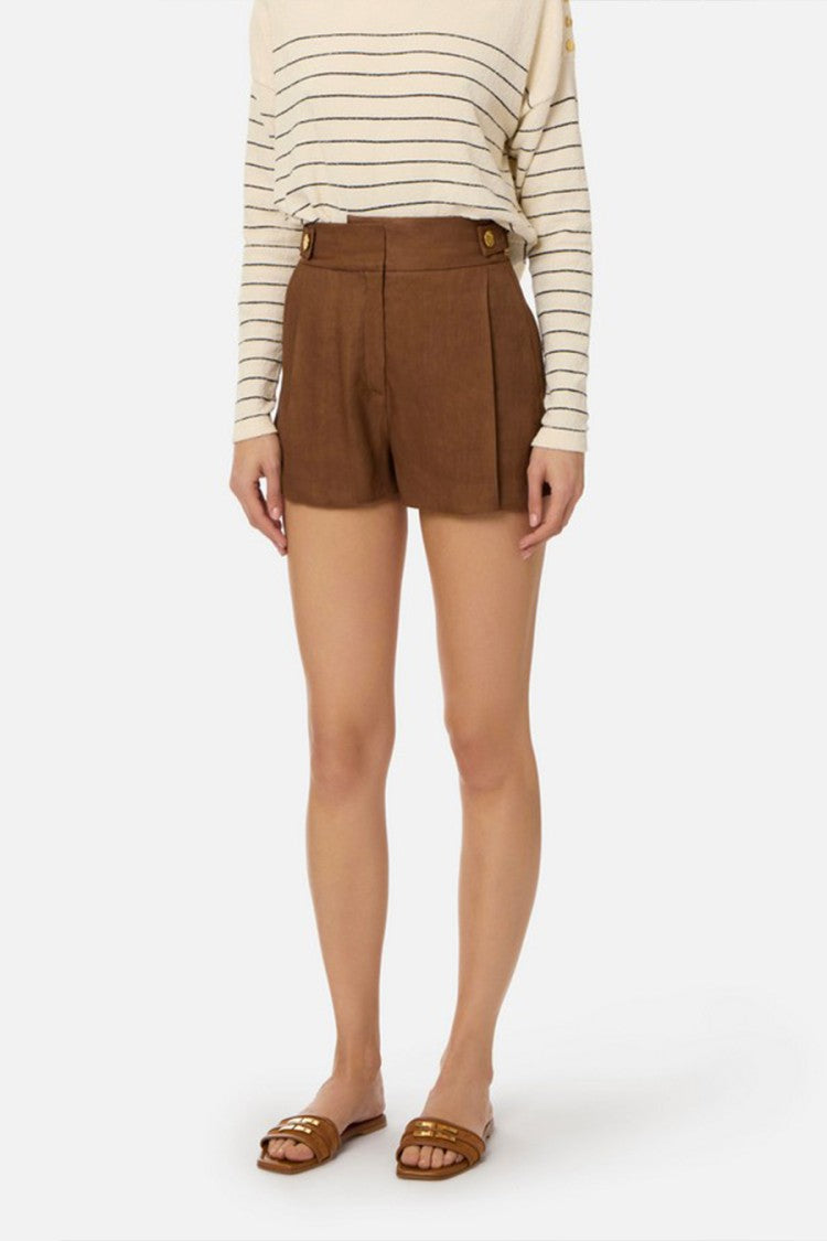 Elisabetta Franchi Brown Button-Tab Waistband Linen-Blend Shorts