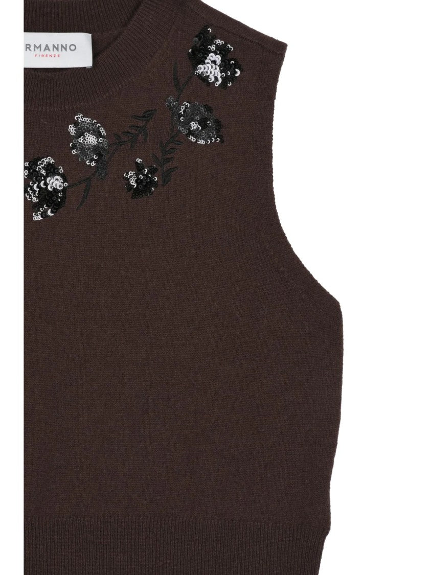 Ermanno Firenze Brown Embellished Polyamide-Blend Tank Top