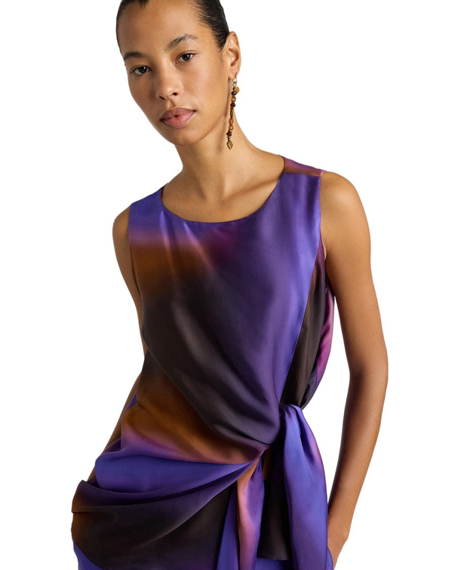 Momonì Viscose Satin Torchon Waist Print Sleeveless Blouse