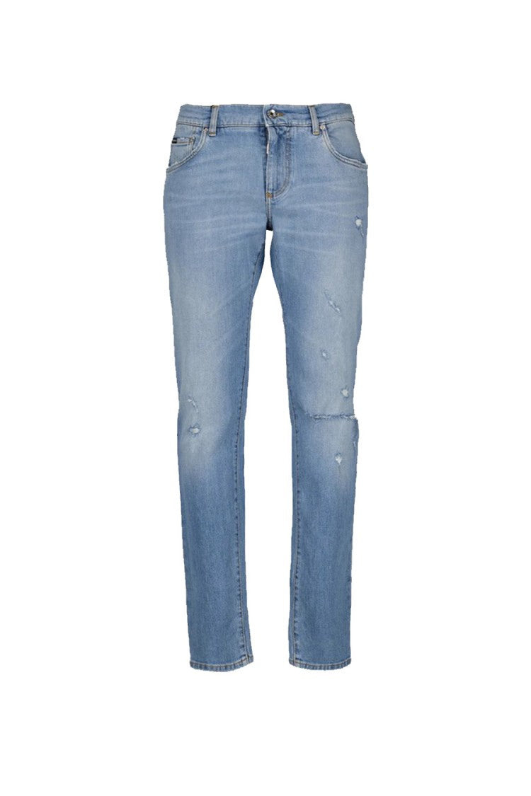 Dolce & Gabbana Light Blue Cotton-Elastane Distressed Slim Jeans