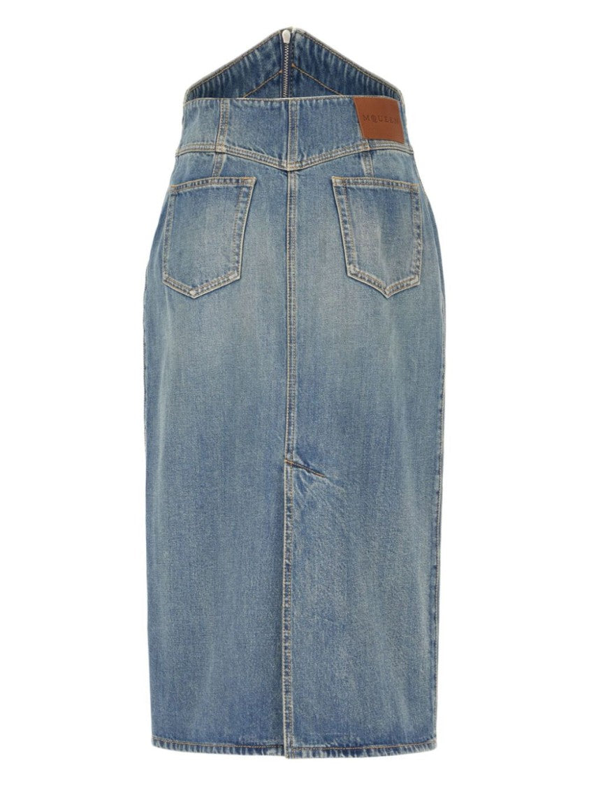 Alexander Mcqueen Indigo Blue Skirt With Short Zip Fastening And Patch Pockets