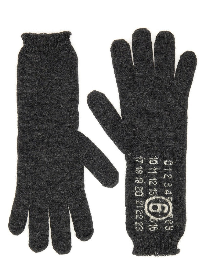 Mm6 By Maison Margiela Textured Grey Wool Gloves With Graphic Design