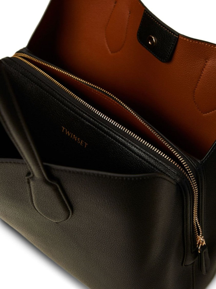 Twin-Set Structured Black Tote Bag With Textured Exterior And Interior