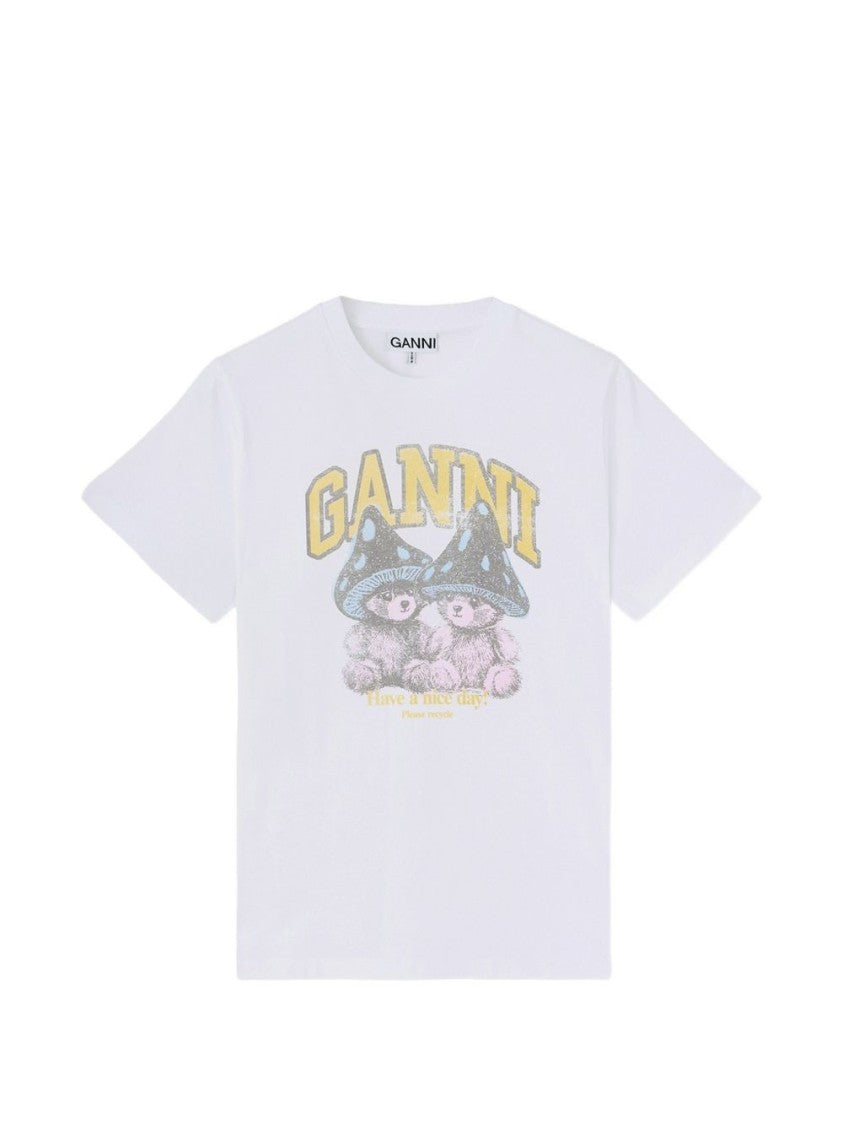 Ganni White Graphic Printed Cotton T-Shirt