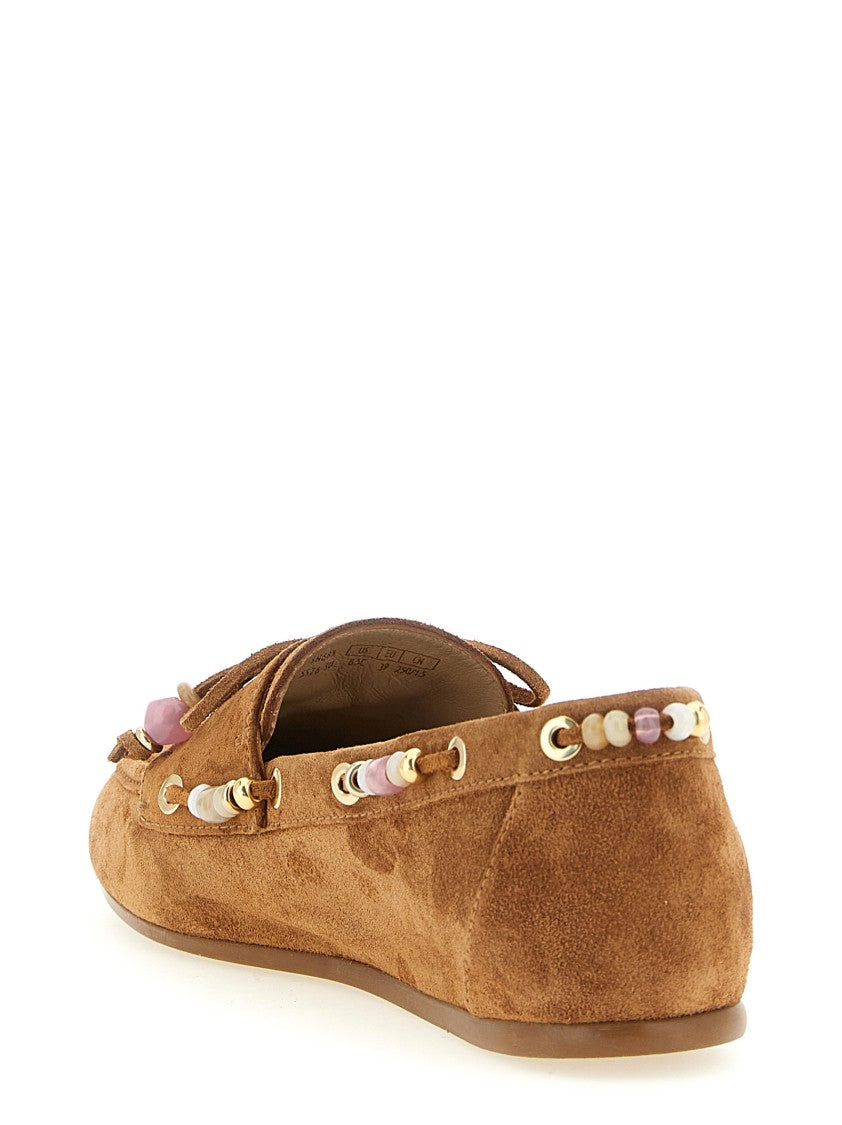 Stuart Weitzman Brown Suede Boat Shoe With Beaded Lace And Cabochon