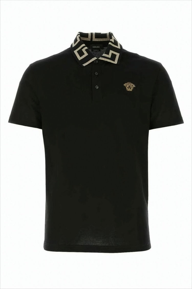 Versace Geometric Patterned Black Polo Shirt With Classic Placket