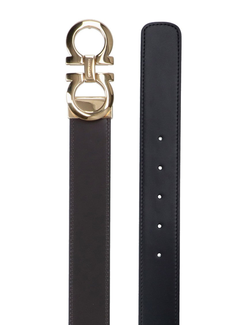 Ferragamo Reversible Black Leather Belt With Gold-Tone Gancini Buckle