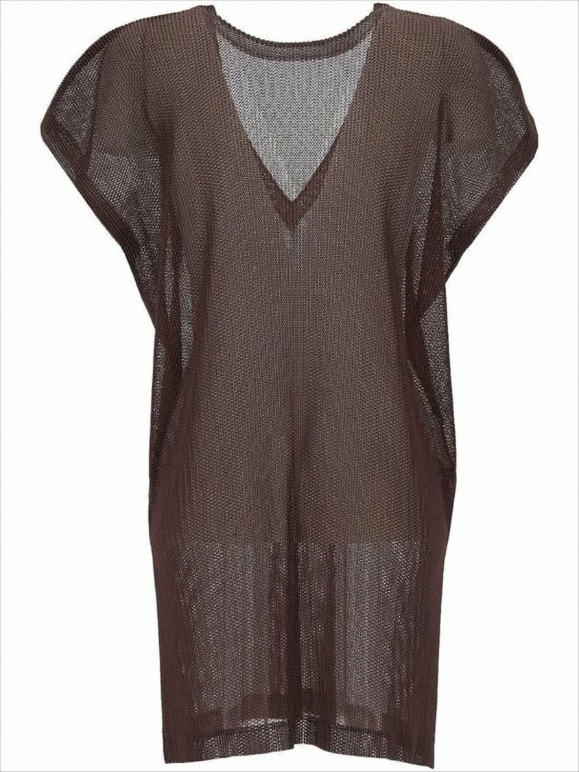 Pleats Please Semi-Sheer Brown Top With Deep V-Neckline