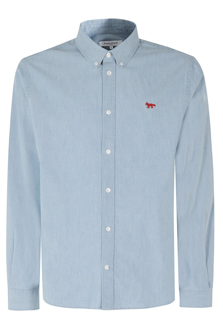 Maison Kitsuné Light Denim Profile Embroidered Logo Button-Down Cotton Shirt