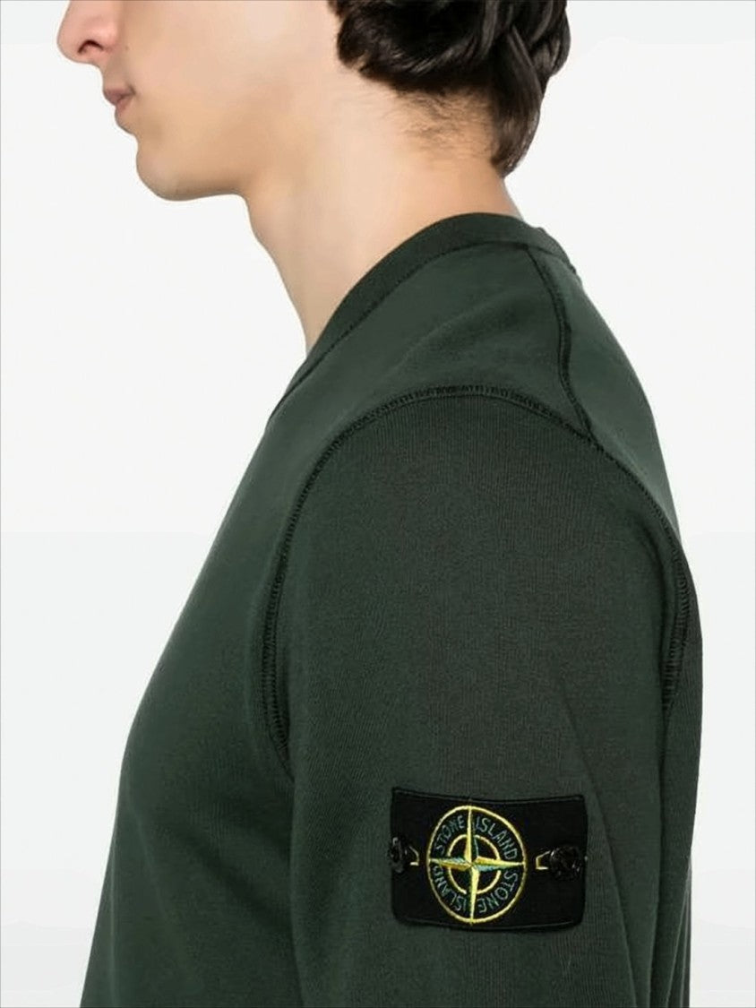 Stone Island Dark Green Crewneck Sweater With Ribbed Detailing And Iconic Logo