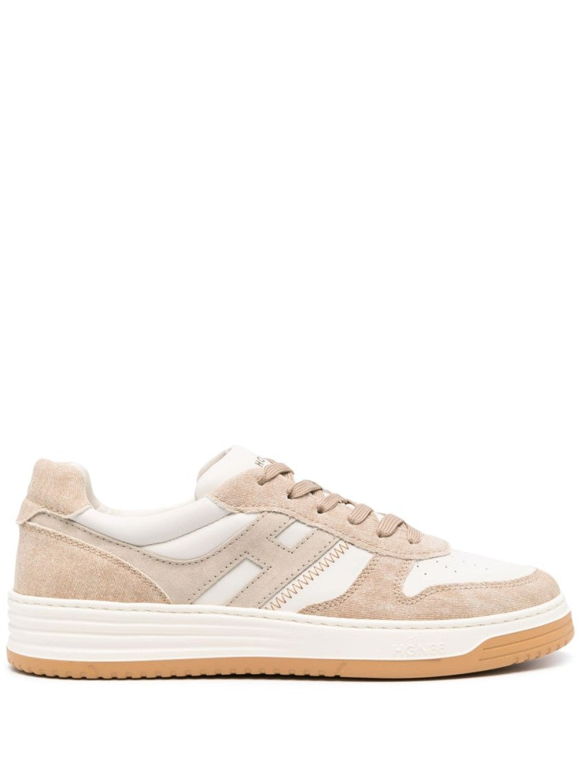 Hogan Panelled Beige And Cream Leather Sneakers With Logo Accents