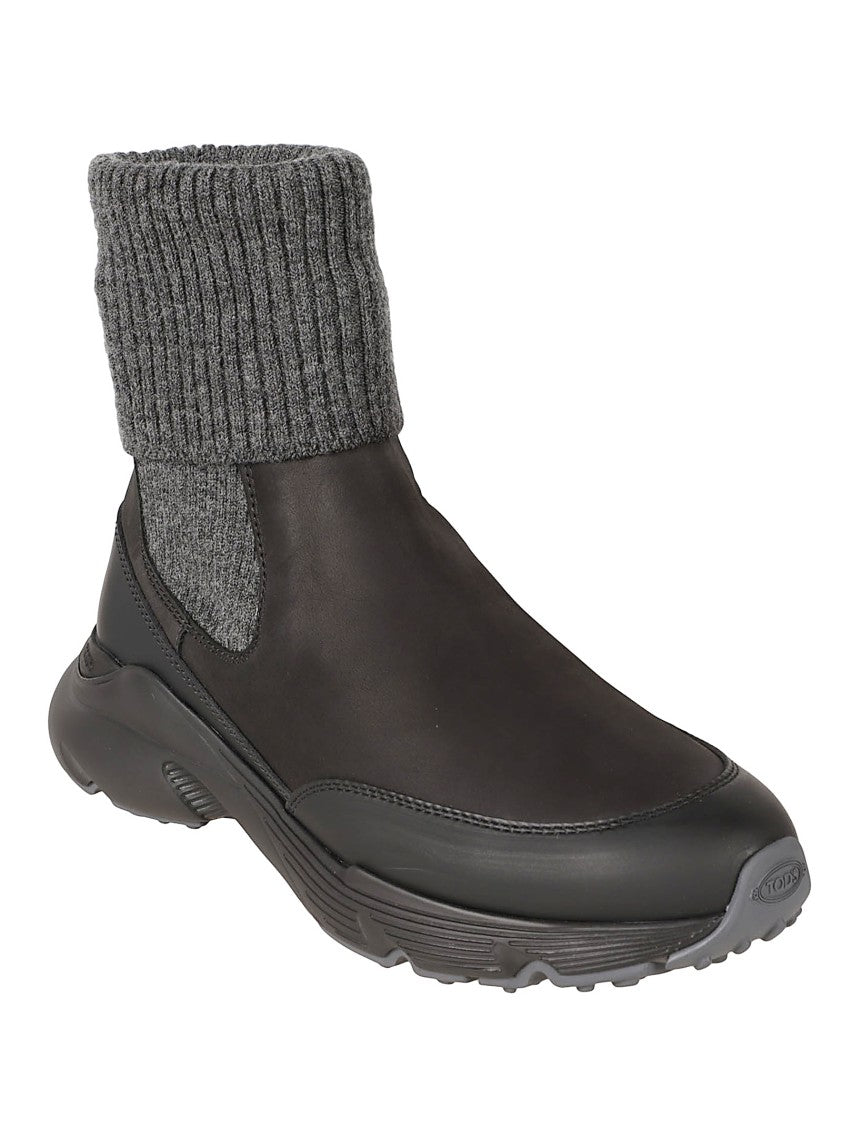 Tod's Chunky Knit Cuff Black Calfskin Boots