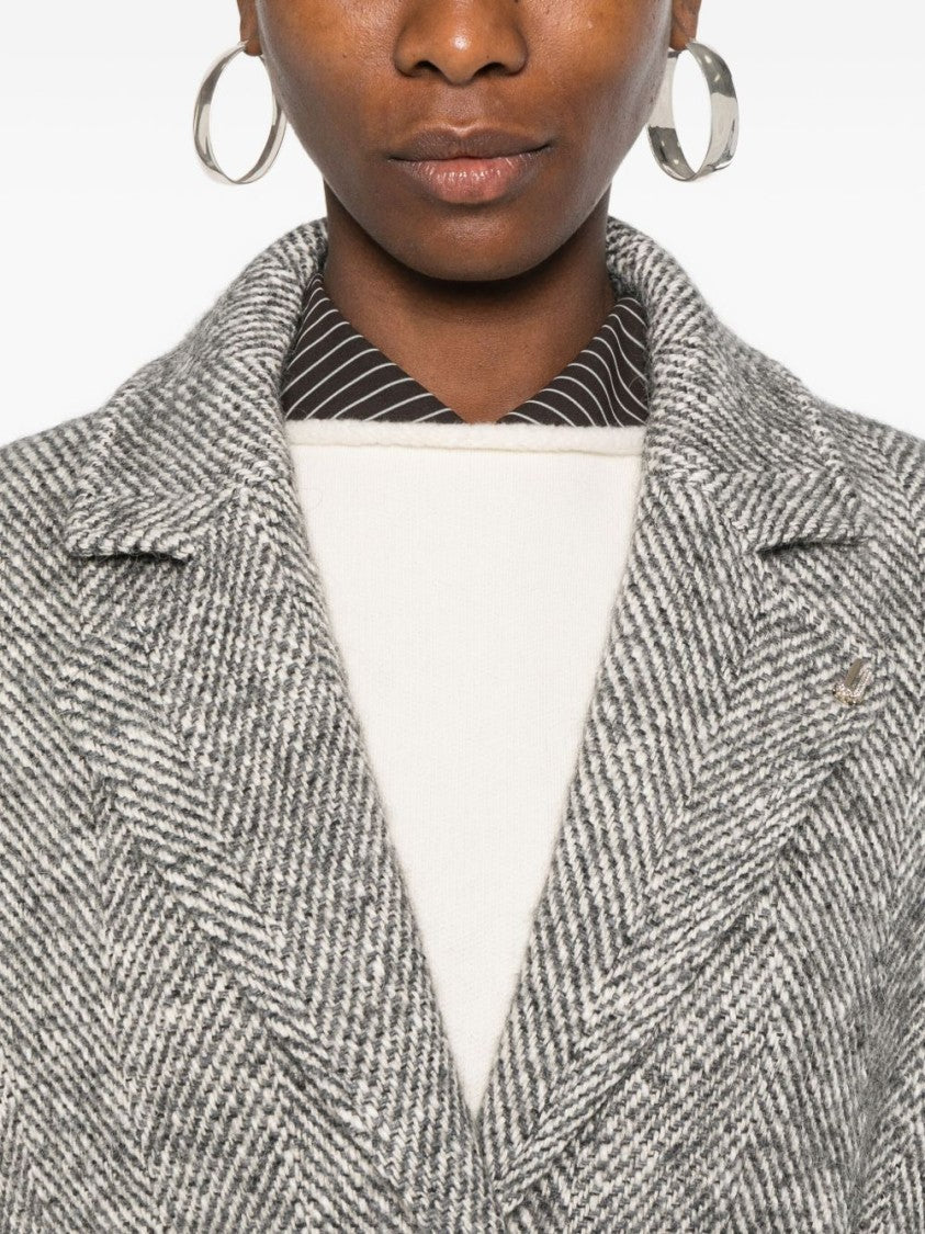 Liu Jo Tailored Herringbone Grey Coat With Slim Belt
