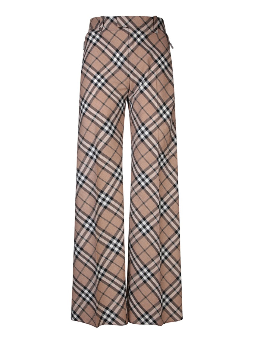 Burberry Wide-Leg Beige Trousers With Check Print
