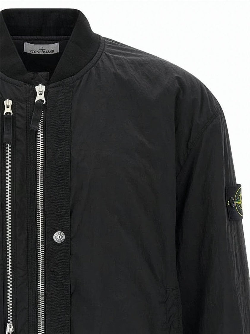 Stone Island Black Bomber Jacket With Ribbed Finishing