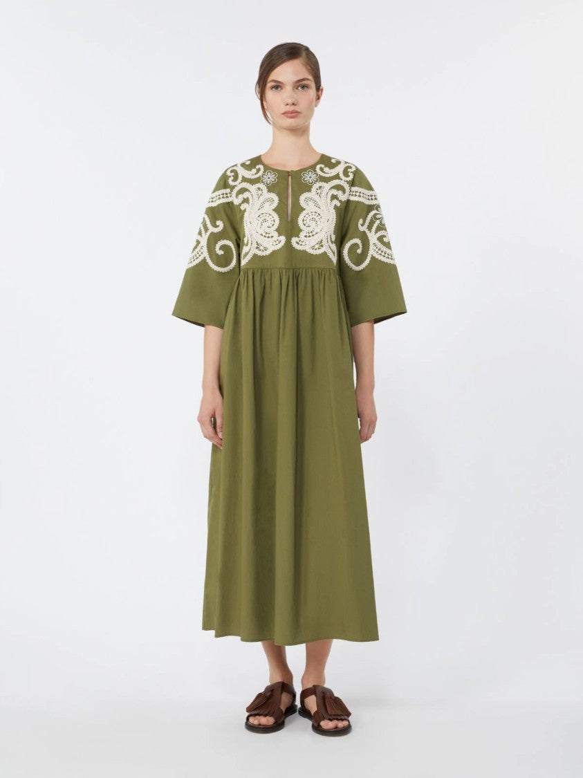 Max Mara Olive Green Midi Dress With Intricate Lace Embroidery