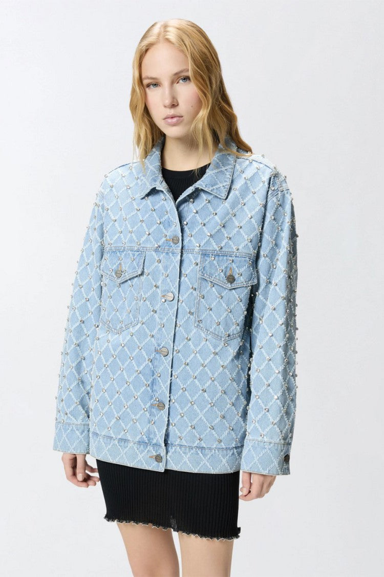 Pinko Light Blue Allover Crystal Studded Diamond Lattice Denim Jacket